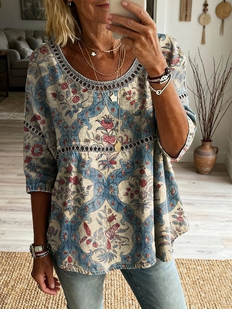 Women's Floral Pattern Art Print Casual Round Neck Lace-up Top