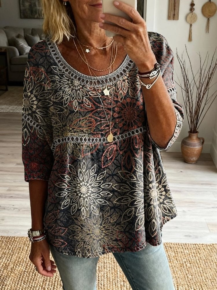 Ethnicity Geometry Flowers Women's Vintage Art Print Casual Round Neck Cutout Top
