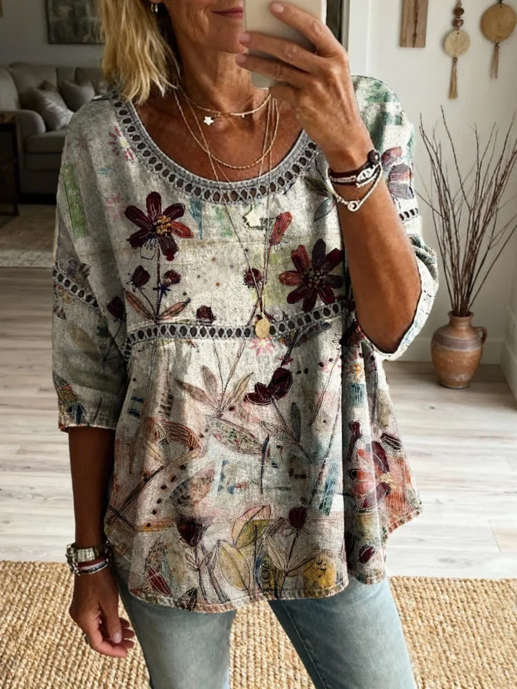 Ethnicity Doodle Flowers Women's Vintage Art Print Casual Round Neck Cutout Top