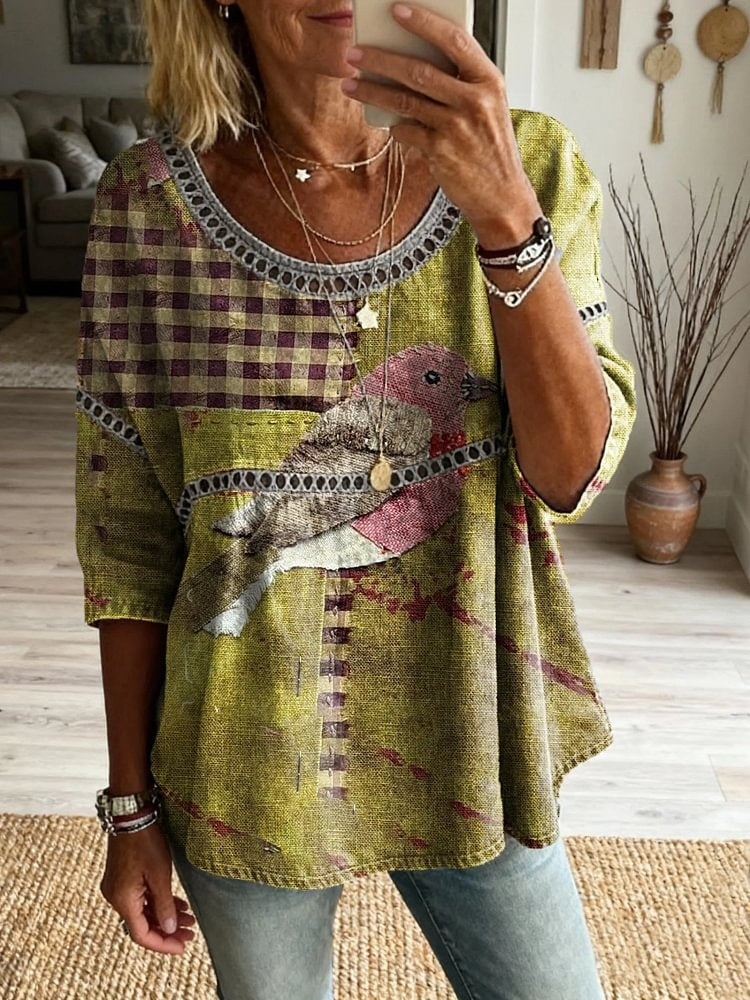 Women's Bird-patterned Art Print Casual Round-neck Lace-up Top