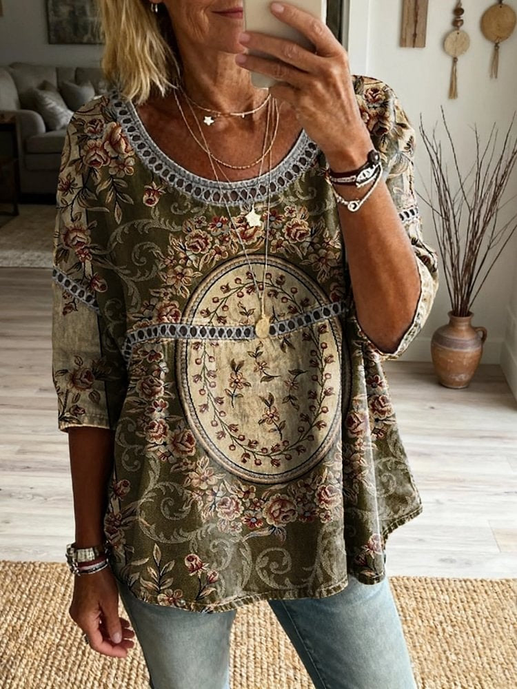 Ethnicity Retro Totem Women's Vintage Art Print Casual Round Neck Cutout Top