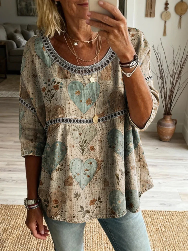 Women's Floral Heart Pattern Art Print Casual Round Neck Lace-up Top