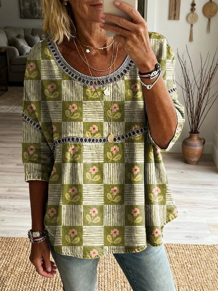 Women's Vintage Green Grid Floral Art Prints Casual Round Neck Cutout Cotton Top