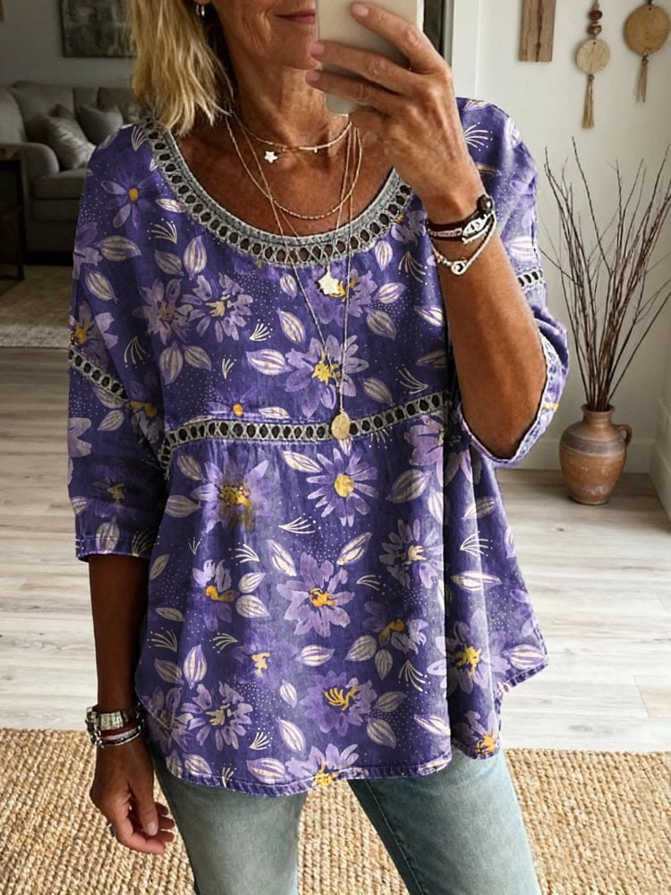 Women's Vintage Purple Floral Art Printed Casual Round Neck Cutout Cotton Top