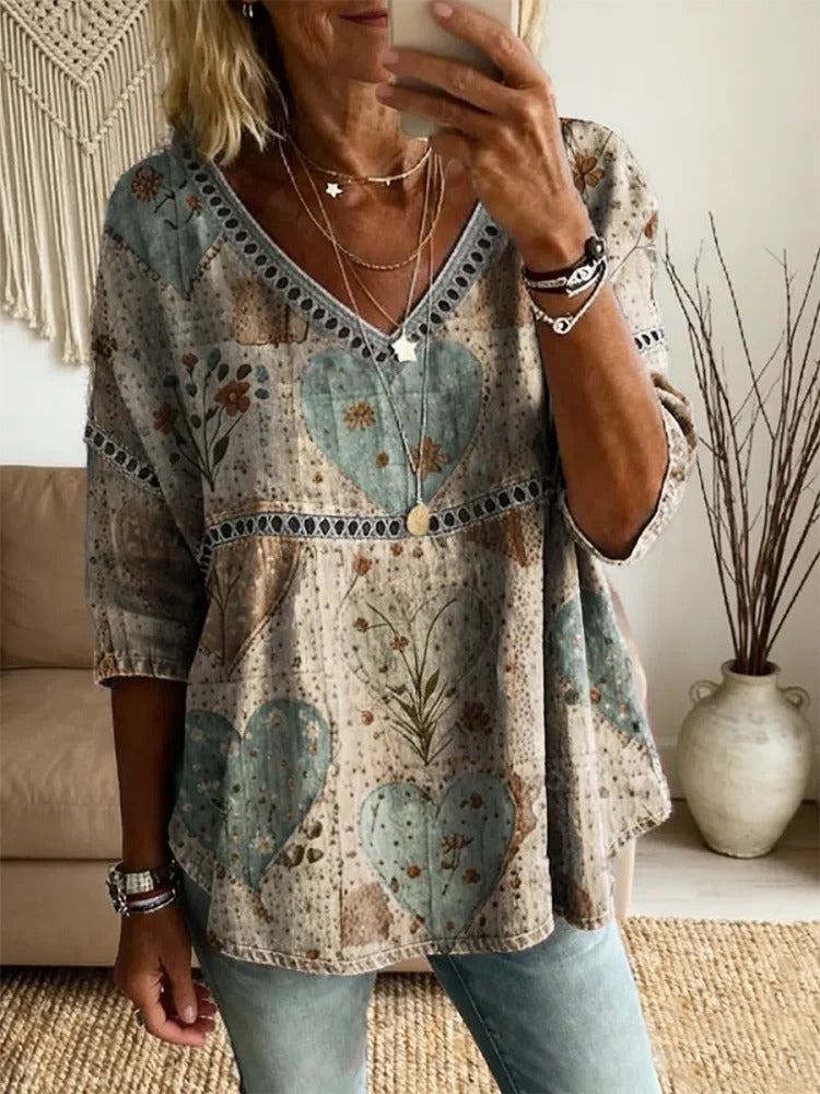 Ethnicity Bohemia Love Women's Vintage Art Print Casual V Neck Cutout Top