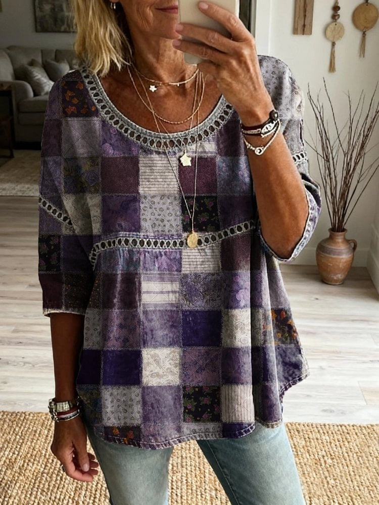 Women's Vintage Purple Collage Floral Art Printed Casual Round Neck Cutout Cotton Top