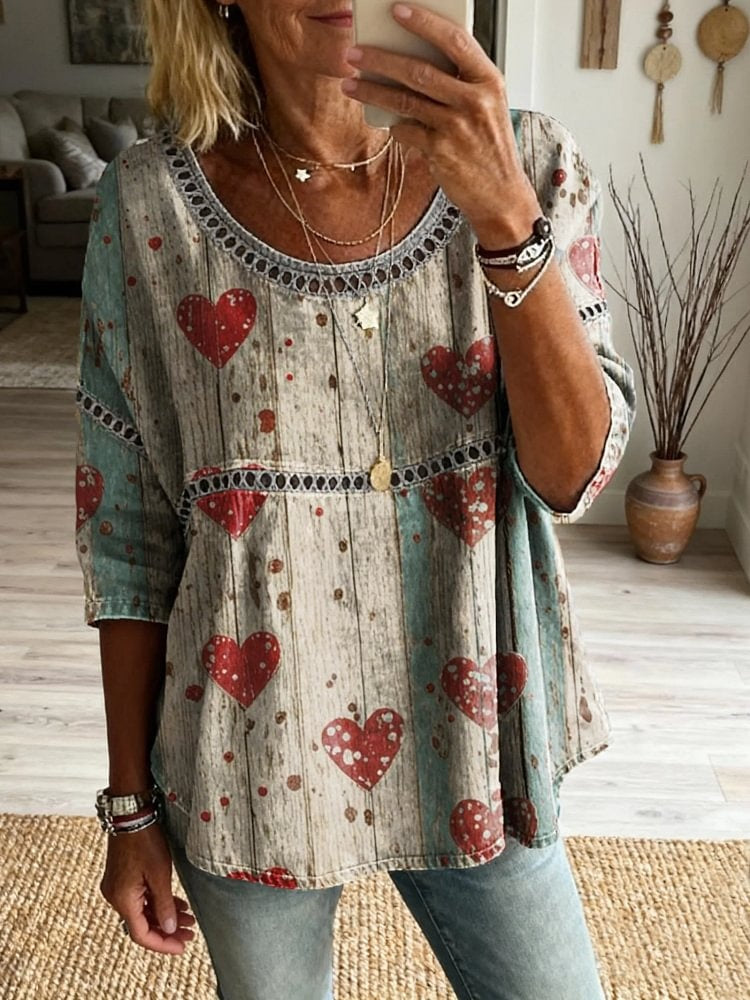 Ethnicity Bohemia Love Stripes Women's Vintage Art Print Casual Round Neck Cutout Top