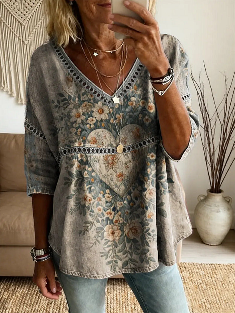 Ethnicity Bohemia Flowers Love Women's Vintage Art Print Casual V Neck Cutout Top