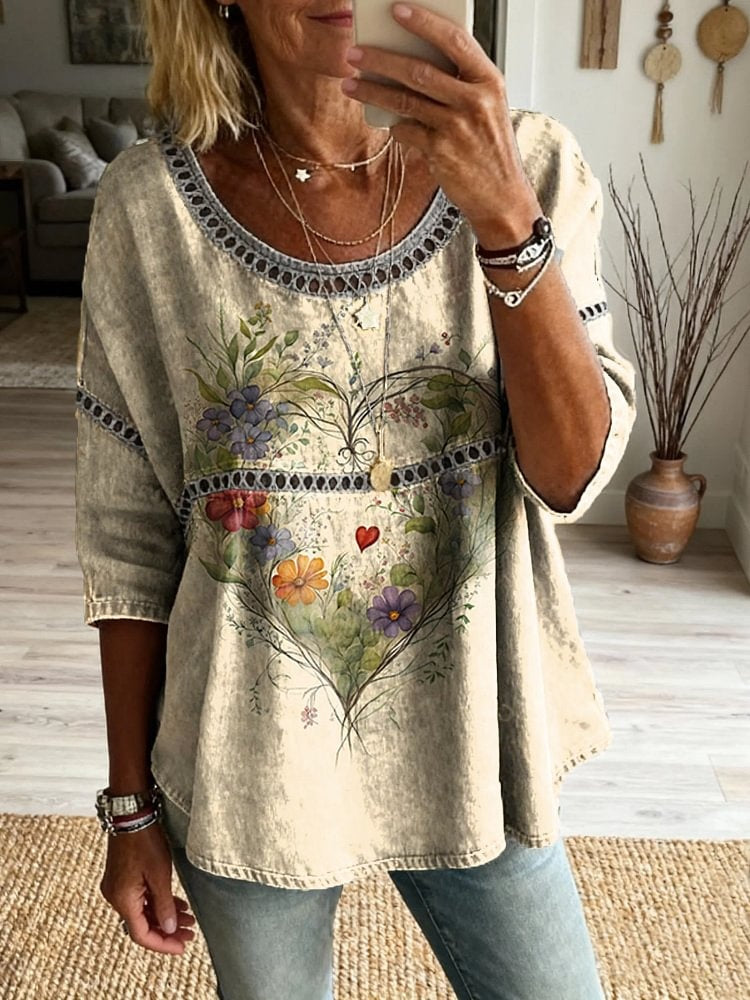 Women's Floral Heart Pattern Art Print Casual Round Neck Lace-up Top