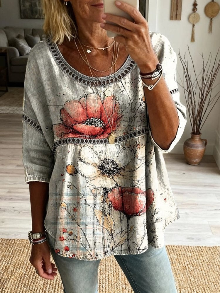 Women's Retro Minimalist Floral Art Print Casual Round Neck Hollow-out Top