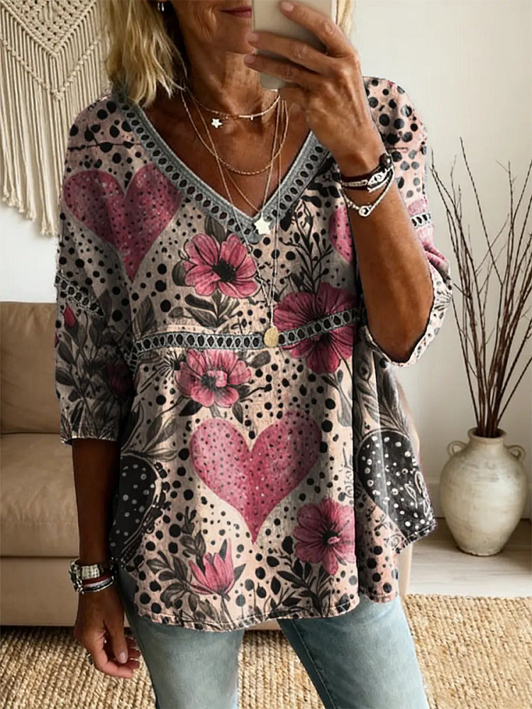 Ethnicity Bohemia Flowers Pink Love Women's Vintage Art Print Casual V Neck Cutout Top