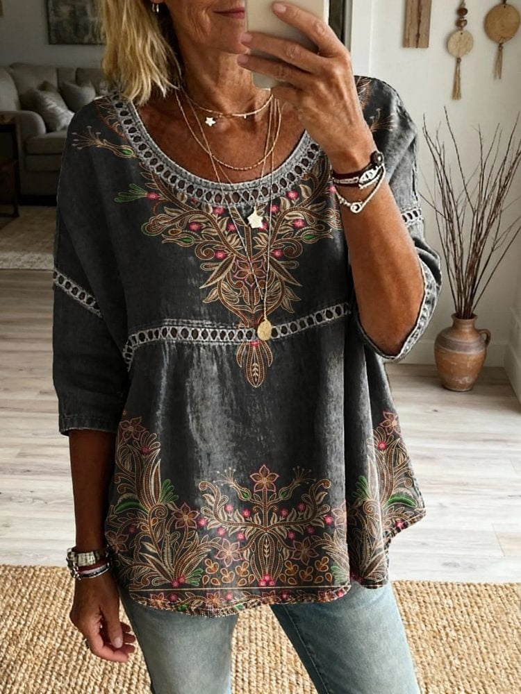 Women's Floral Pattern Art Print Casual Round Neck Lace-up Top