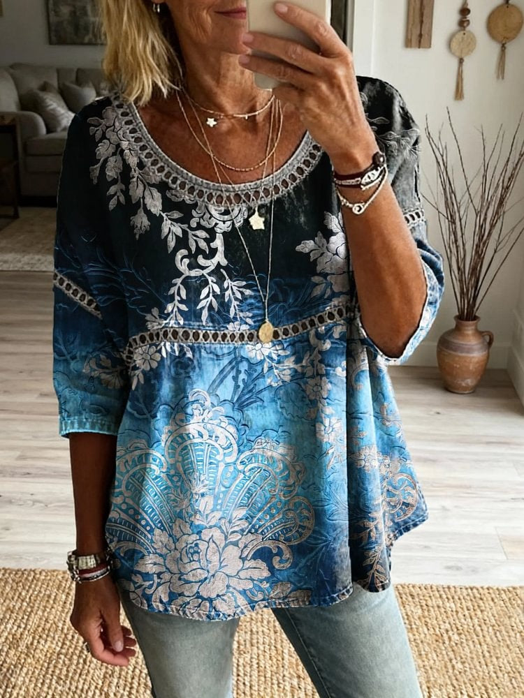 Women's Floral Pattern Art Print Casual Round Neck Lace-up Top