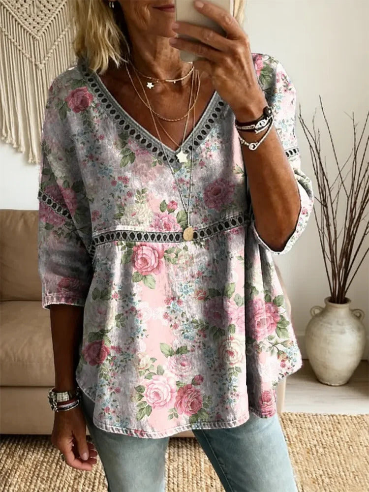 Ethnicity Bohemia Pink Flowers Women's Vintage Art Print Casual V Neck Cutout Top