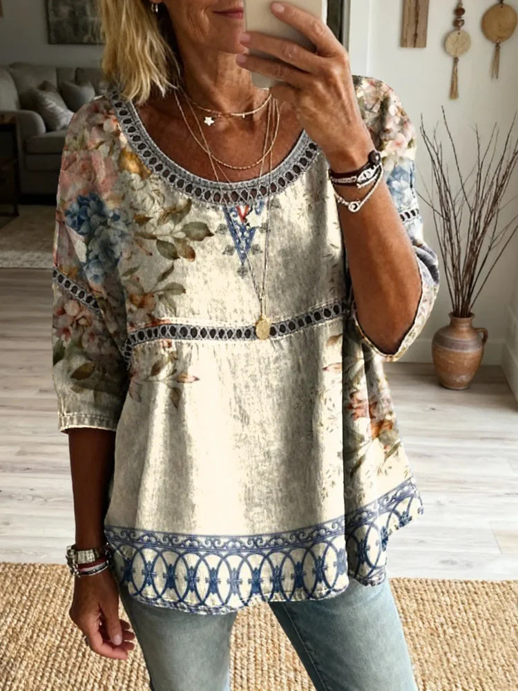 Women's Floral Pattern Art Print Casual Round Neck Lace-up Top