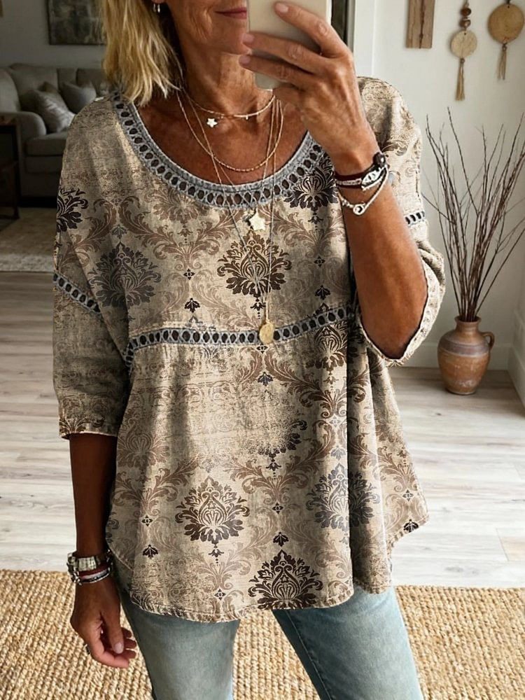 Ethnicity Bohemia Totem Women's Vintage Art Print Casual Round Neck Cutout Top