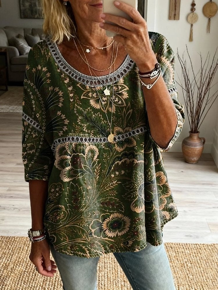 Ethnicity Bohemia Flowers Dark Green Women's Vintage Art Print Casual Round Neck Cutout Top