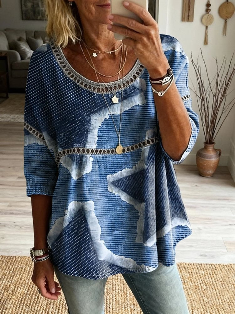 Women's Five-pointed Star Pattern Art Print Casual Round Neck Lace-up Top