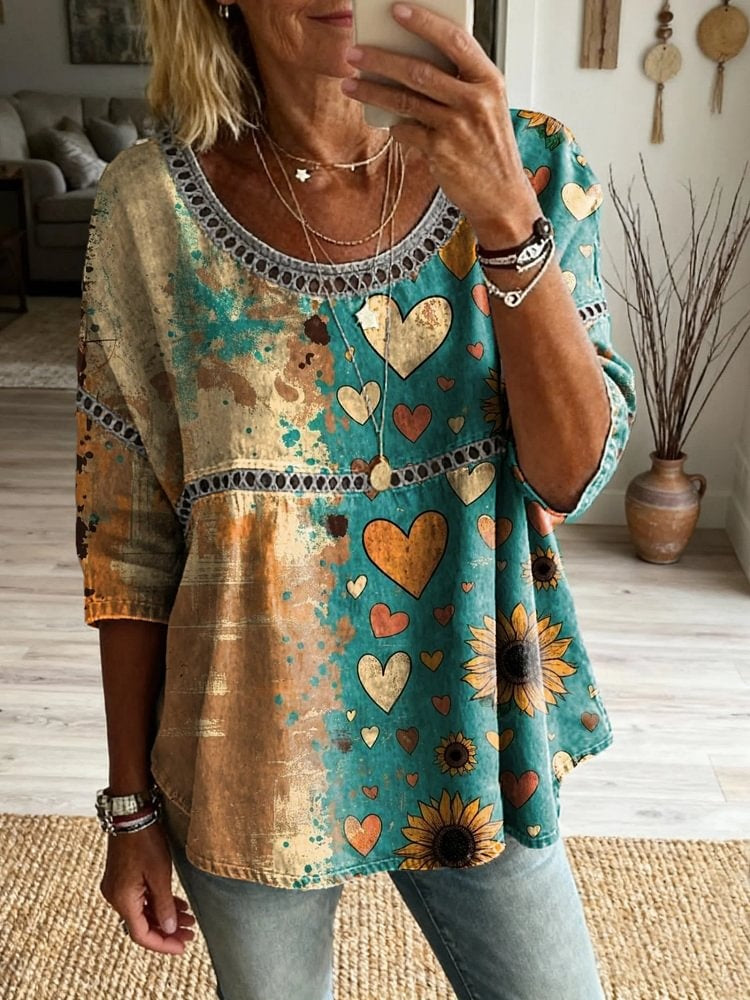 Women's Bohemian Pattern Art Print Casual Round Neck Hollow-out Top