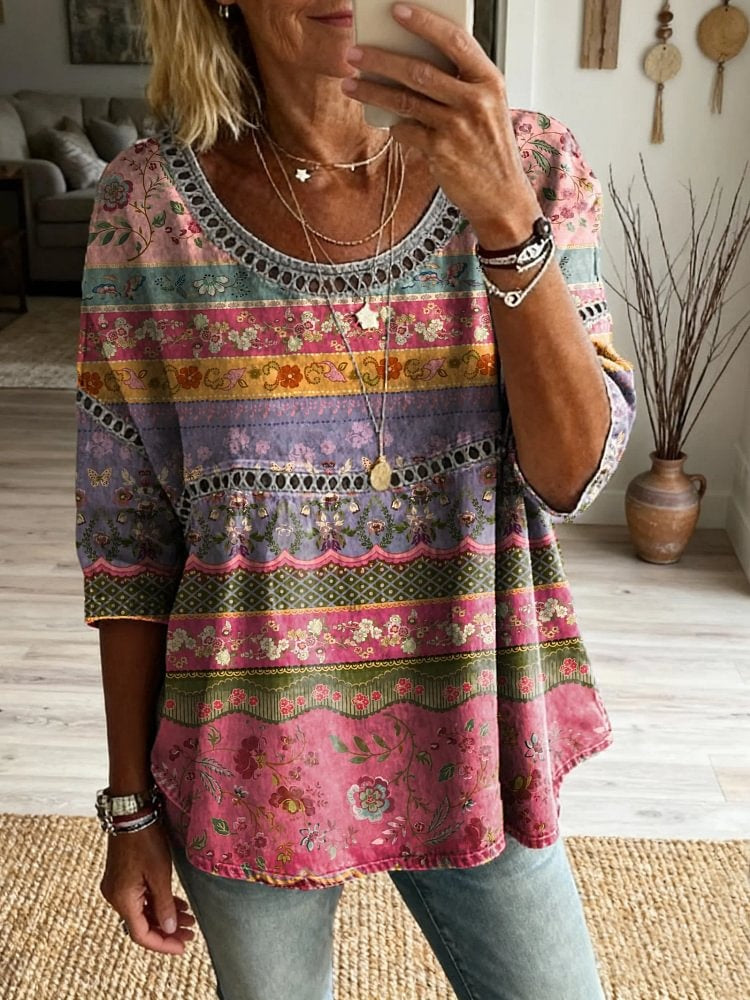 Women's Floral Pattern Art Print Casual Round Neck Lace-up Top