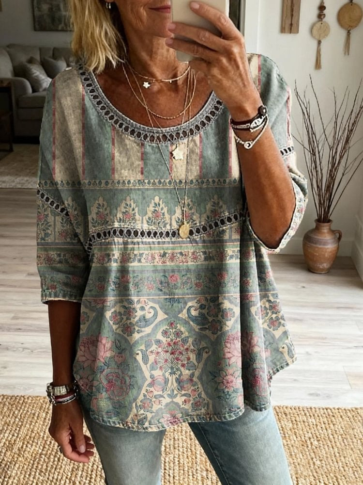Women's Floral Pattern Art Print Casual Round Neck Lace-up Top