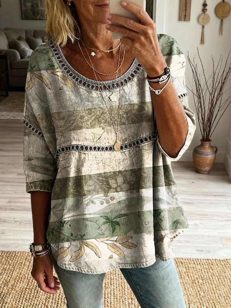 Ethnicity Stripes Flowers Leaves Women's Vintage Art Print Casual Round Neck Cutout Top