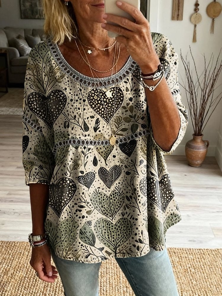 Ethnicity Bohemia Love Women's Vintage Art Print Casual Round Neck Cutout Top