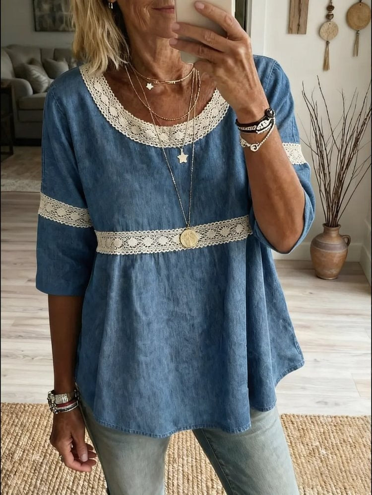 Women's Casual Round Neck Lace Patchwork Top