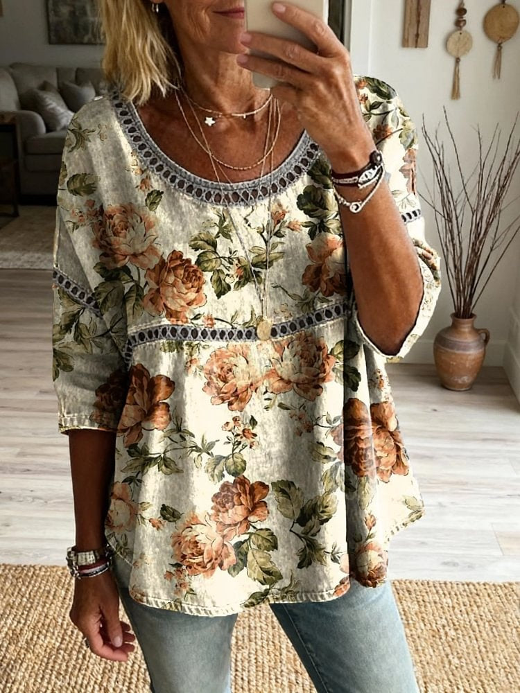Vintage Ethnicity Bohemia Flowers Women's Art Print Casual Round Neck Cutout Top
