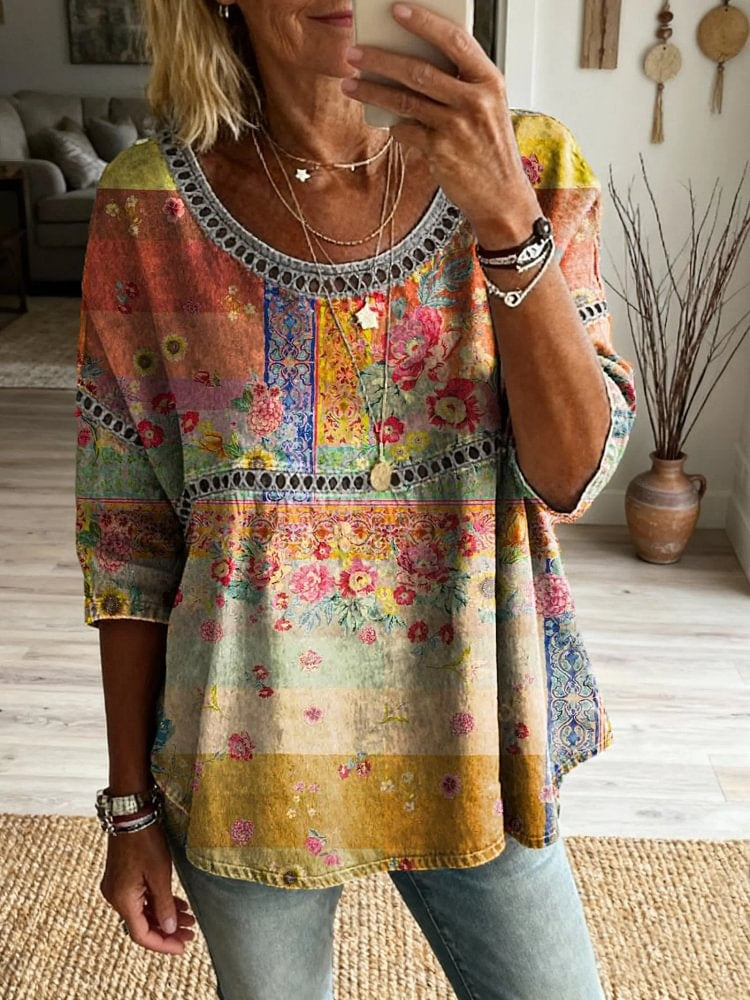 Women's Floral Pattern Art Print Casual Round Neck Lace-up Top
