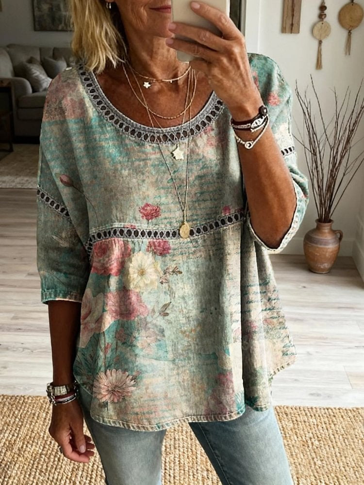 Ethnicity Retro Bohemia Flowers Women's Art Print Casual Round Neck Cutout Top