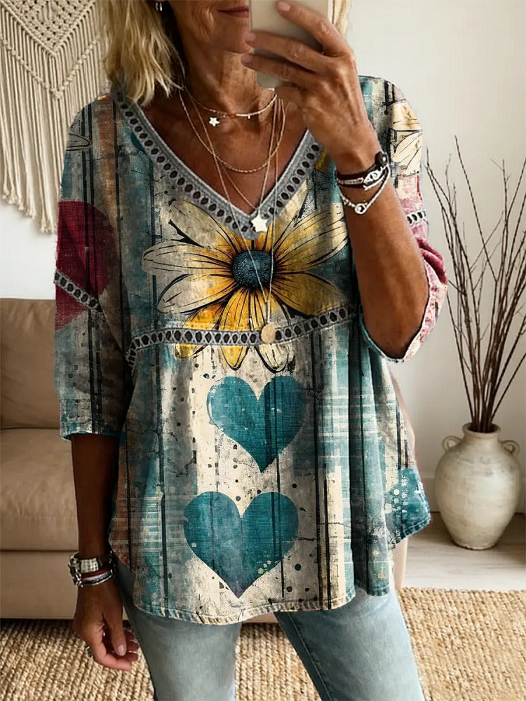 Ethnicity Bohemia Flowers Love Women's Vintage Art Print Casual V Neck Cutout Top