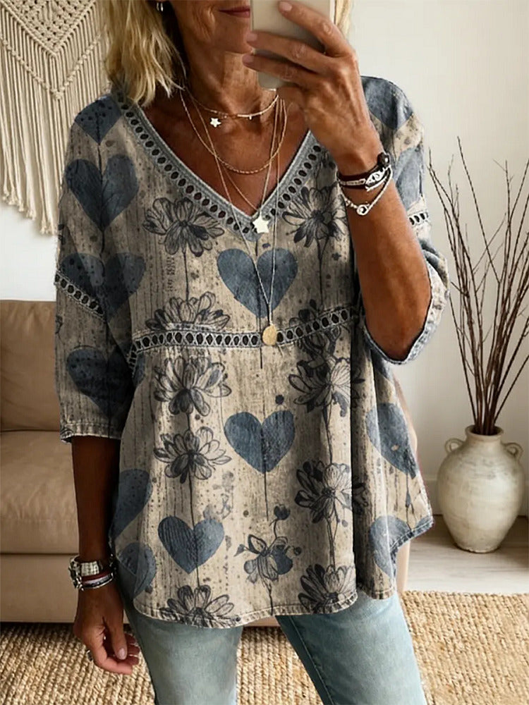 Ethnicity Bohemia Love Women's Vintage Art Print Casual V Neck Cutout Top