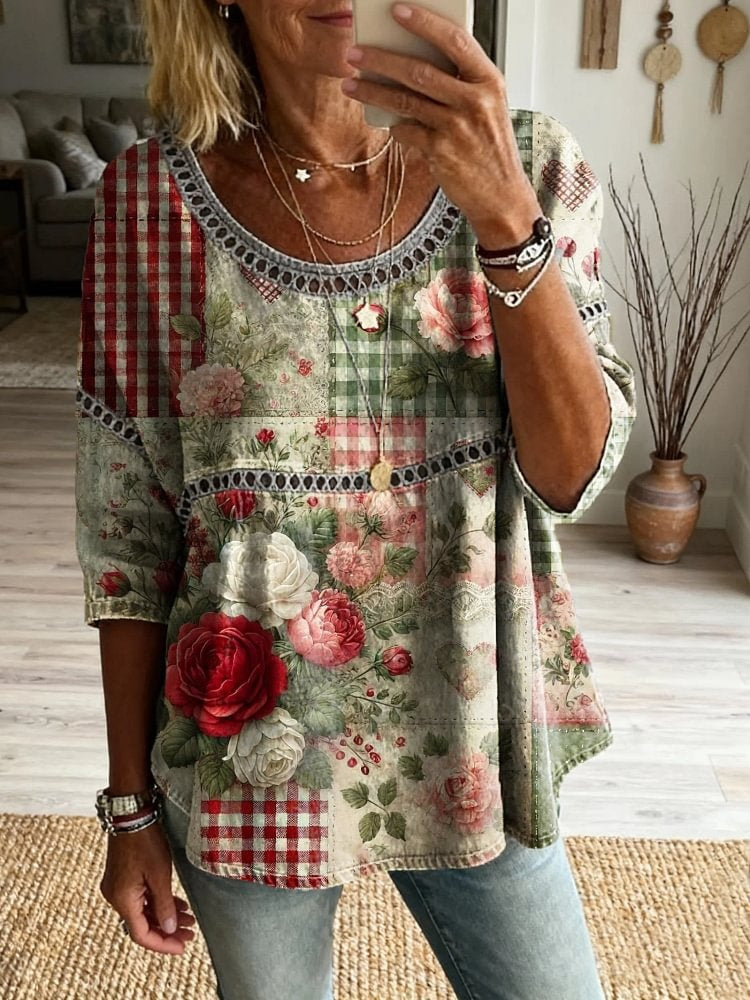 Women's Floral Pattern Art Print Casual Round Neck Lace-up Top