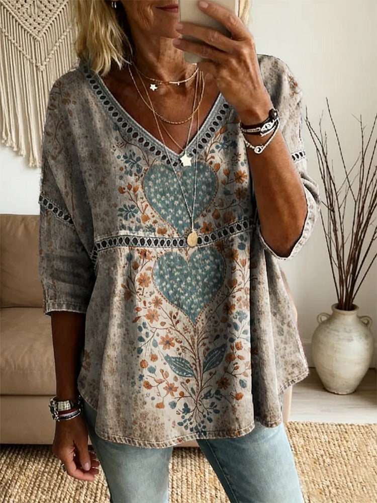 Ethnicity Bohemia Love Flowers Women's Vintage Art Print Casual V Neck Cutout Top
