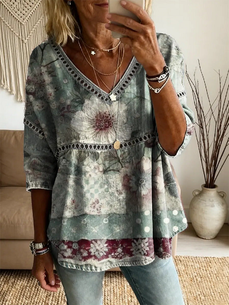 Ethnicity Bohemia Flowers Patchwork Women's Vintage Art Print Casual V Neck Cutout Top