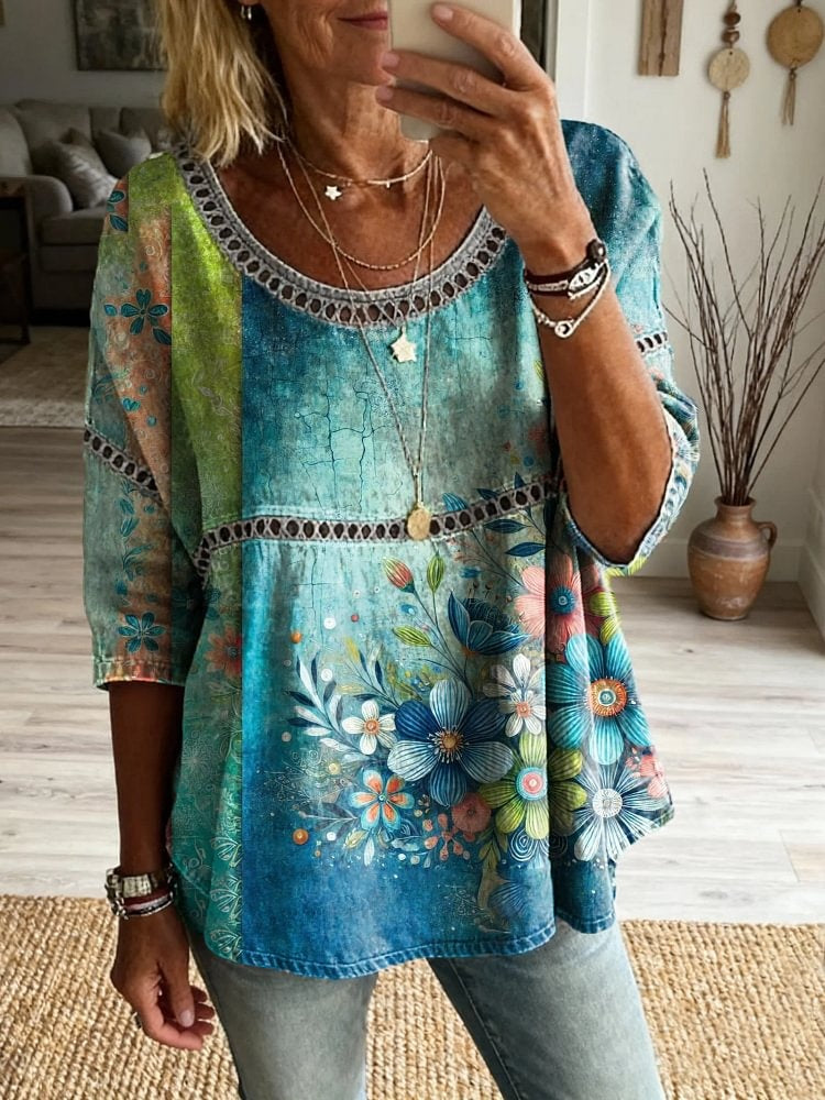 Women's Floral Pattern Art Print Casual Round Neck Lace-up Top