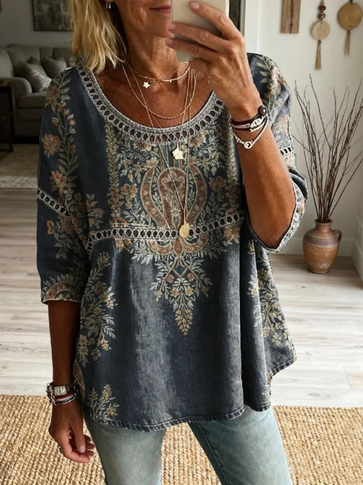 Retro Totem Flowers Women's Art Print Casual Round Neck Cutout Top