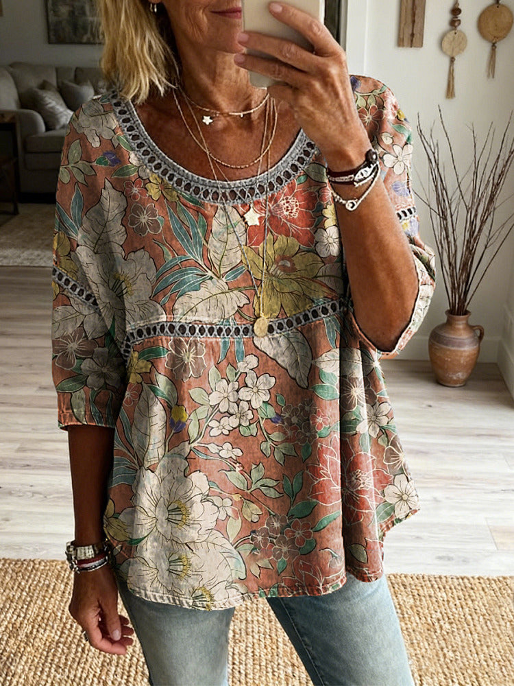 Women's Retro Floral Art Print Casual Round Neck Cotton Linen Shirt