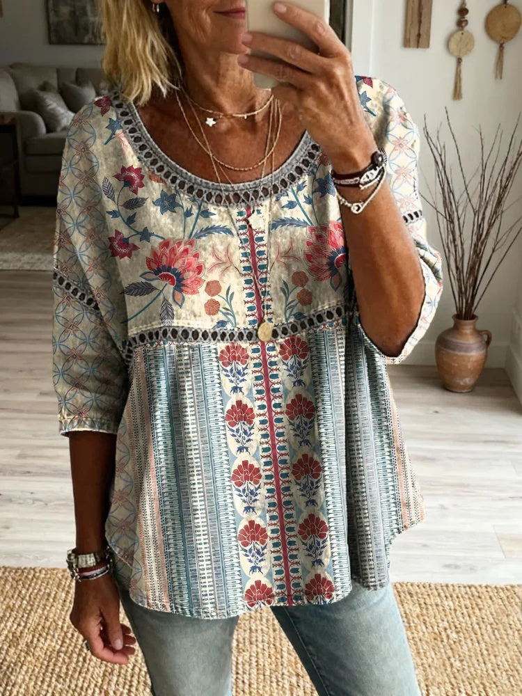 Ethnicity Bohemia Flowers Geometry Women's Art Print Casual Round Neck Cutout Top