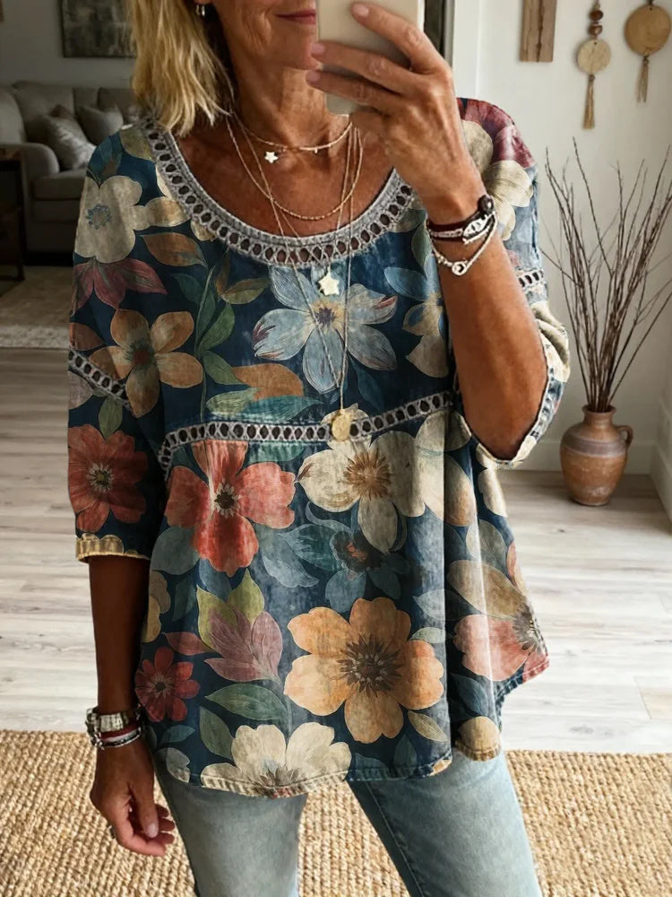 Ethnicity Bohemiaflowers Women's Art Print Casual Round Neck Cutout Top