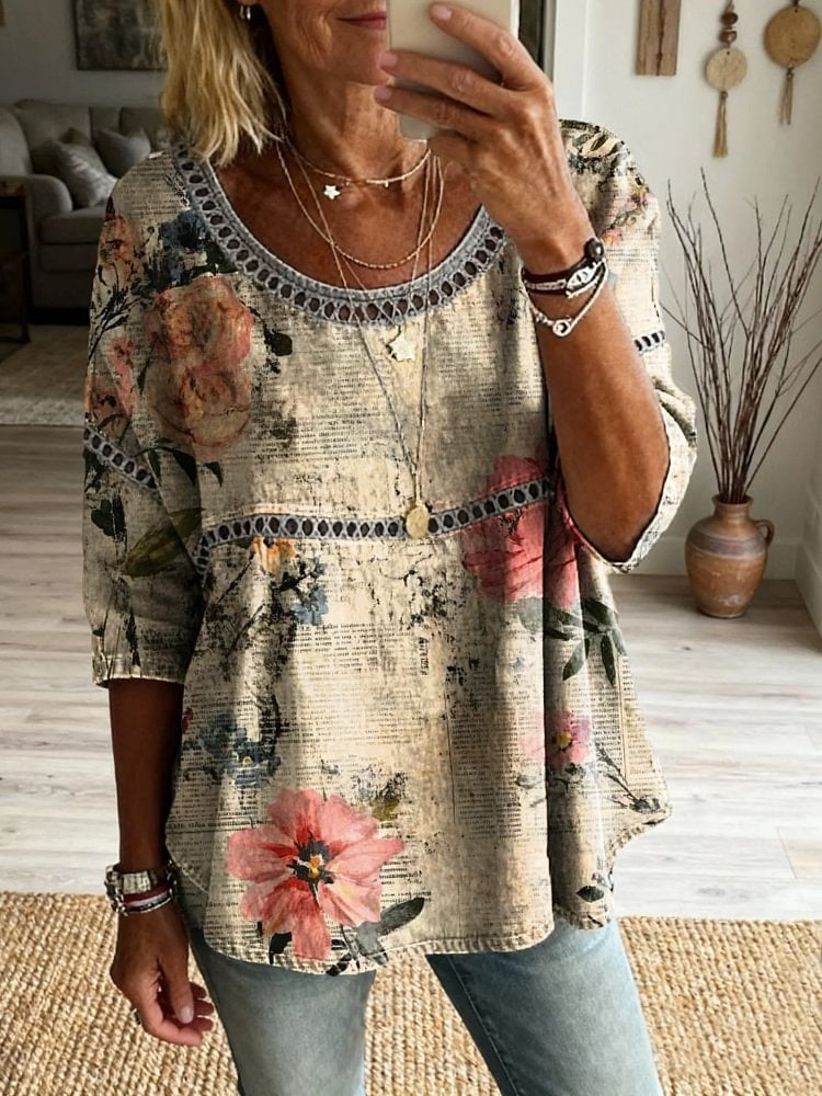 Ethnicity Retro Flowers Women's Art Print Casual Round Neck Cutout Top