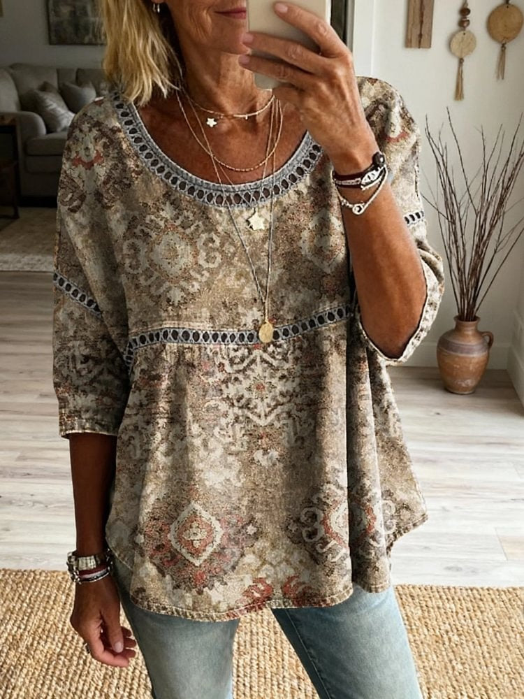 Ethnicity Retro Totem Women's Vintage Art Print Casual Round Neck Cutout Top
