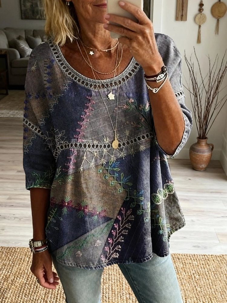 Women's Floral Patchwork Art Print Casual Crew Neck Tie-front Top