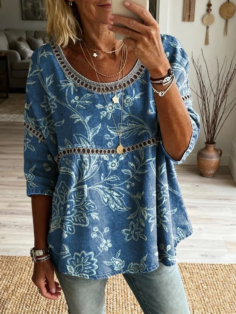 Women's Retro Floral Art Print Casual Round Neck Cotton Linen Shirt