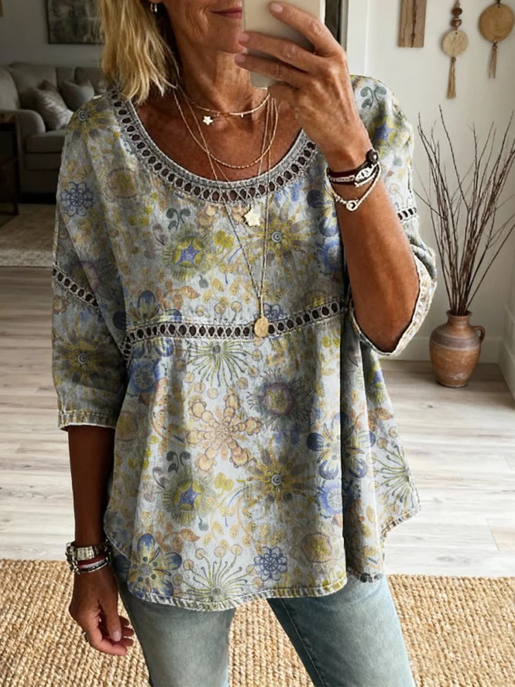 Women's Retro Floral Art Print Casual Round Neck Cotton Linen Shirt