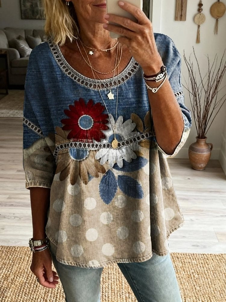 Ethnicity Patchwork Flowers Women's Vintage Art Print Casual Round Neck Cutout Top