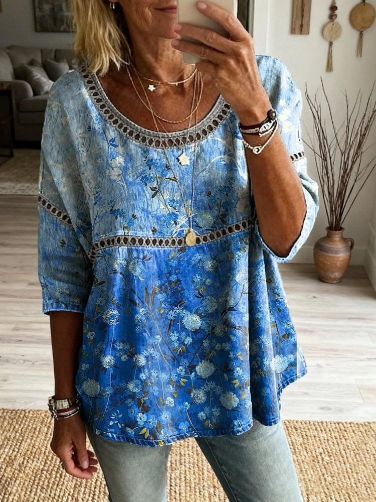 Women's Floral Pattern Art Print Casual Round Neck Lace-up Top