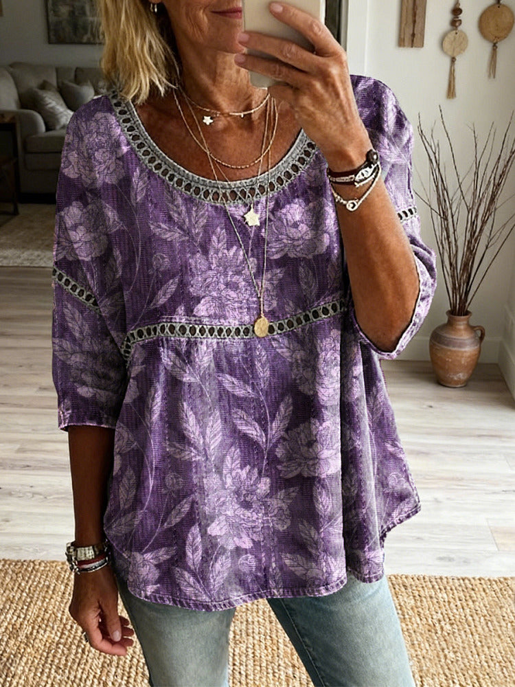 Women's Retro Ethnic Floral Art Print Casual Round Neck Hollow-out Cotton Linen Top