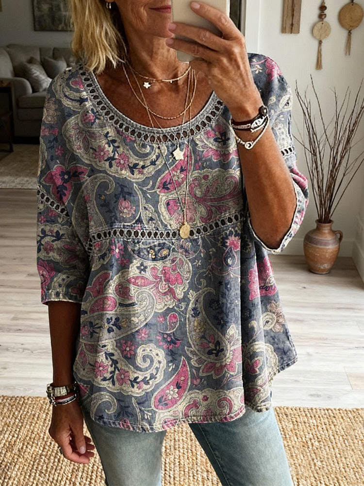 Women's Retro Bohemian Paisley Art Print Casual Round Neck Hollow-out Cotton Linen Top